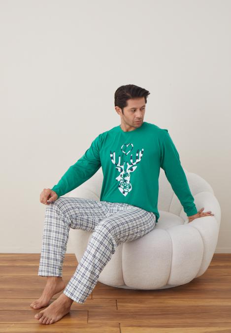 Pijama barbati Craciun , maneca lunga ,pantaloni lungi,Culoare Verde ,Engros